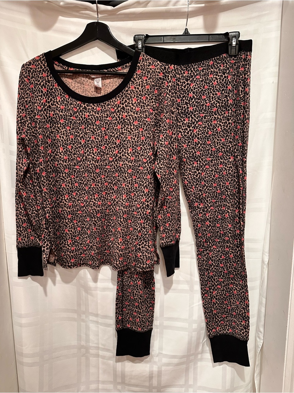 Victoria's Secret Black and Pink Leopard-Print Long-Sleeve Pajama Set
